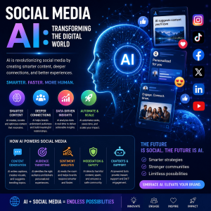 Social Media AI infographic showing how artificial intelligence transforms social media through content generation, audience targeting, sentiment analysis, chatbots, moderation, automation, and personalized user experiences.