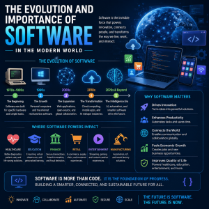 Infographic illustrating the evolution and importance of software in the modern world, showing the history of software from the 1970s to AI-driven applications, its impact across industries, and the key reasons software powers innovation, productivity, communication, and economic growth.