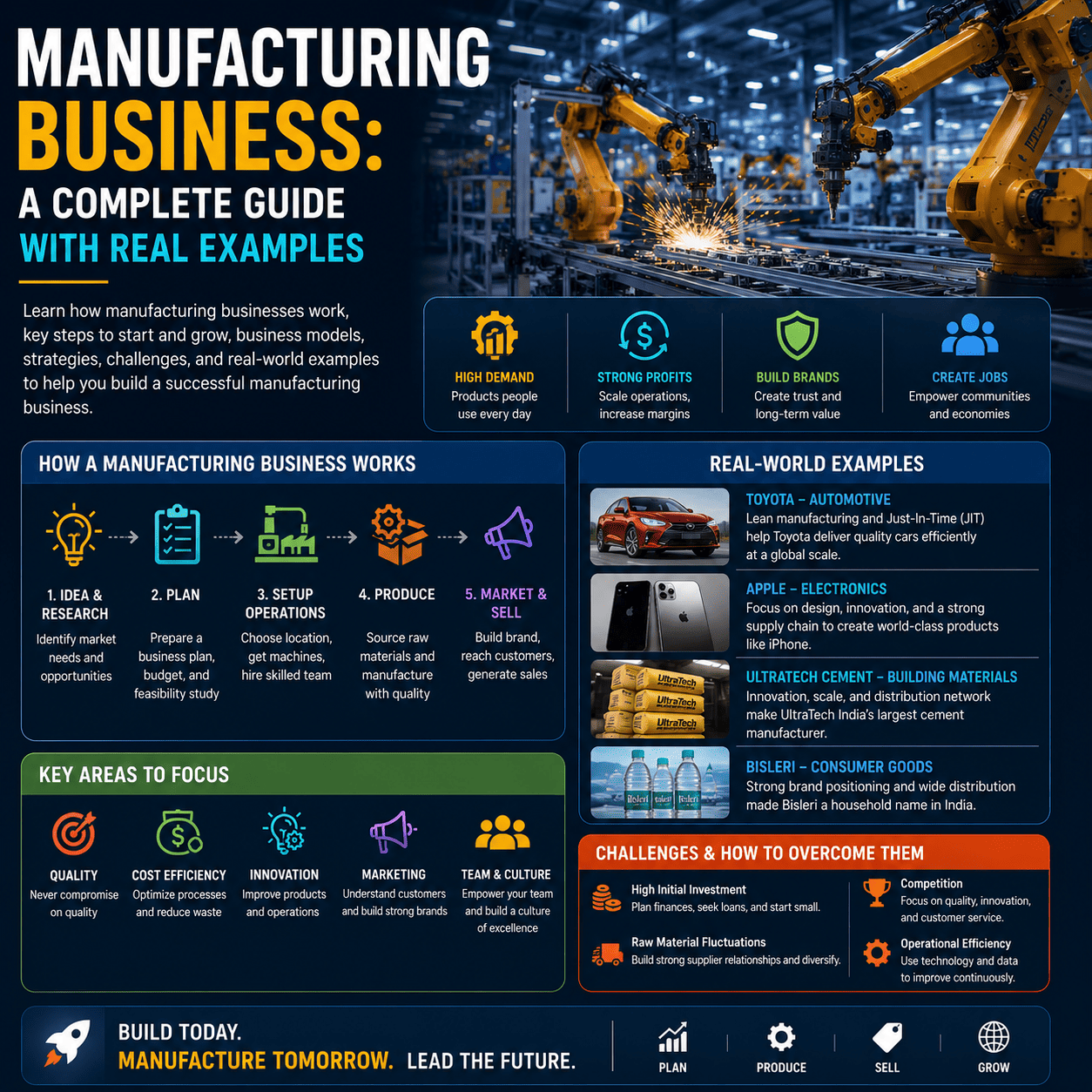 Manufacturing Business infographic explaining how manufacturing companies operate, production processes, automation, quality control, business growth strategies, and real-world manufacturing examples.