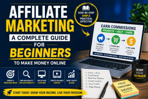Affiliate Marketing infographic for beginners explaining how to earn commissions online by choosing a niche, promoting affiliate products, creating content, driving traffic, and generating passive income.
