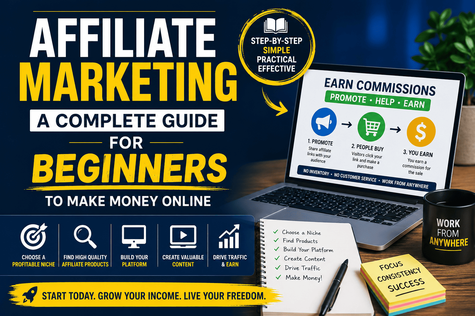 Affiliate Marketing infographic for beginners explaining how to earn commissions online by choosing a niche, promoting affiliate products, creating content, driving traffic, and generating passive income.