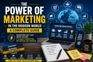 The Power of Marketing infographic highlighting branding, digital marketing, customer engagement, analytics, social media, business growth, and modern marketing strategies.