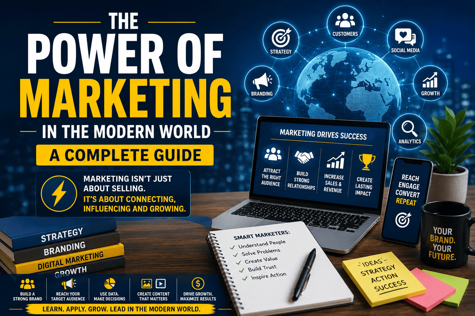 The Power of Marketing infographic highlighting branding, digital marketing, customer engagement, analytics, social media, business growth, and modern marketing strategies.