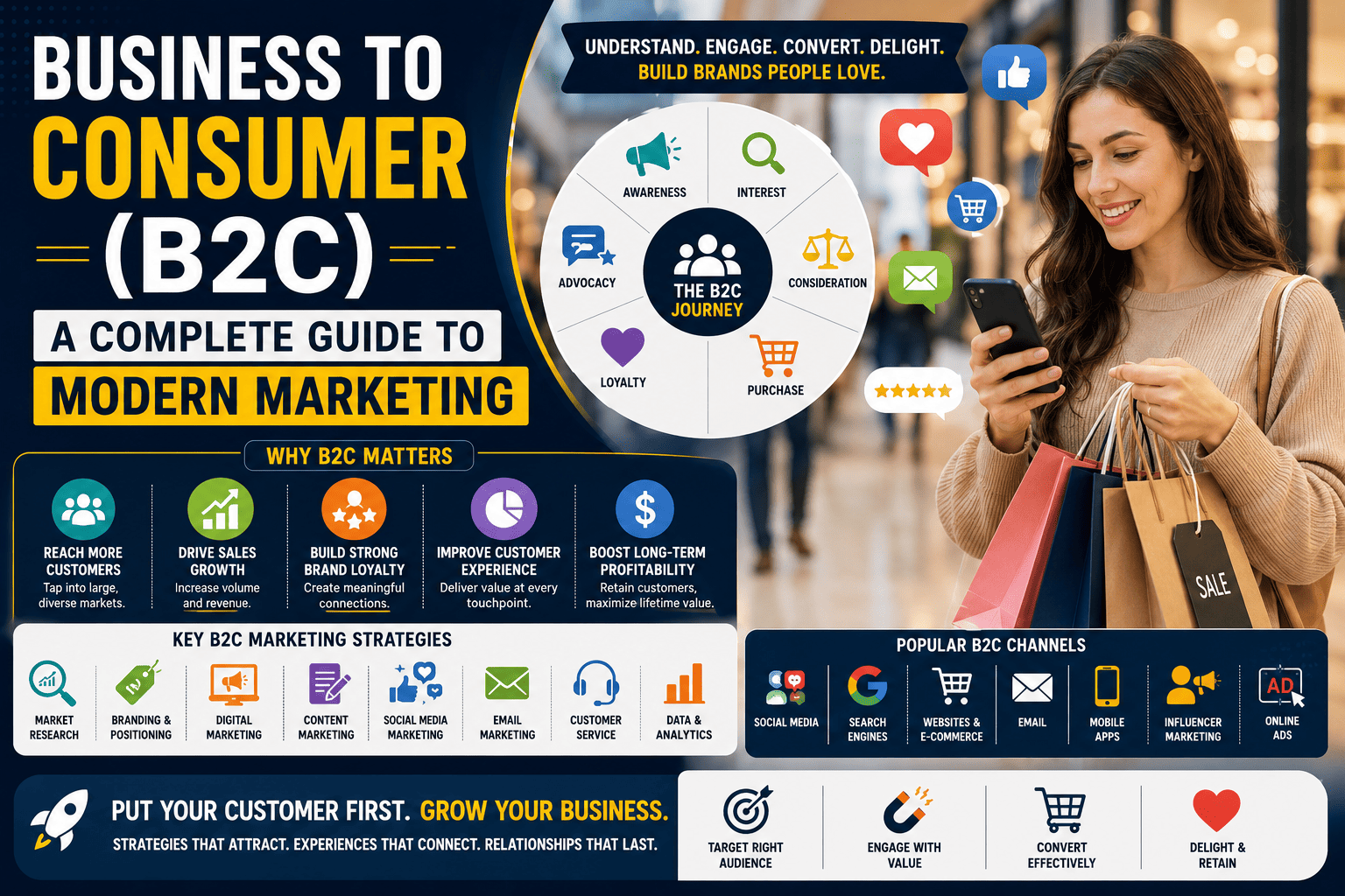 Business-to-Consumer (B2C) marketing infographic illustrating the customer journey, digital marketing strategies, consumer engagement, brand loyalty, social media, e-commerce, and business growth.