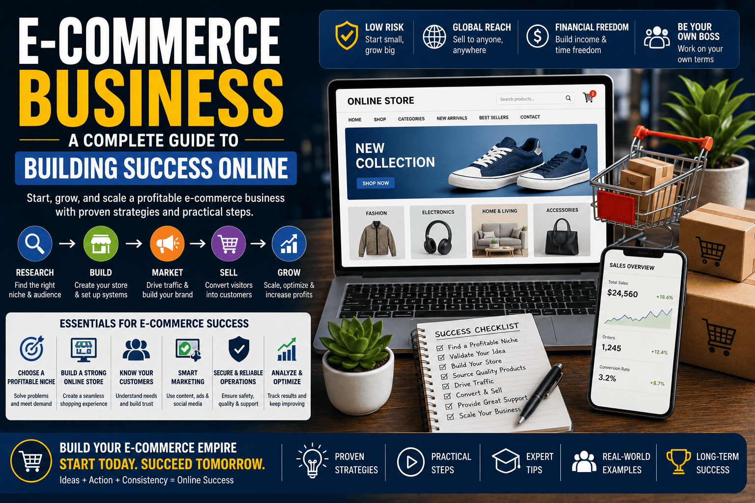 E-Commerce Business infographic showing how to build a successful online store, including niche research, store setup, digital marketing, sales growth, customer engagement, and e-commerce success strategies.