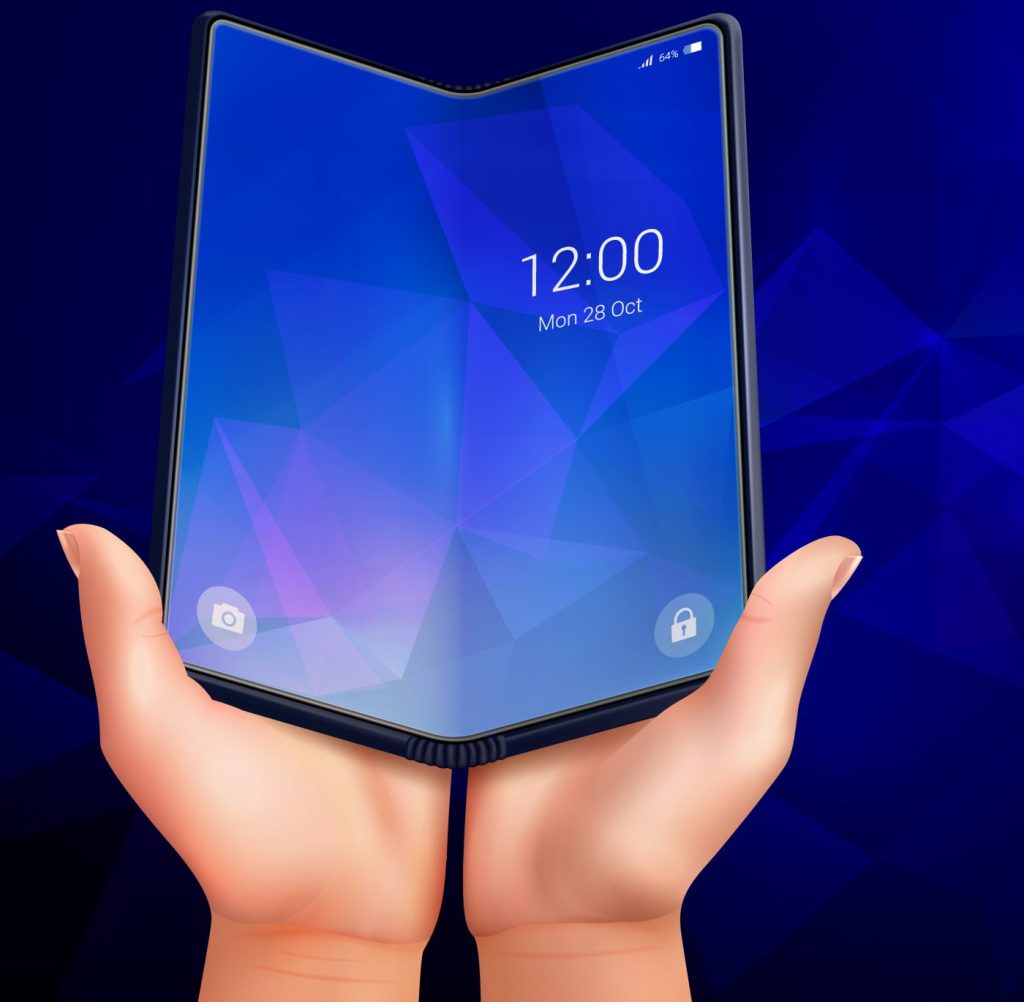 Foldable smartphone with a flexible display held in hands, showcasing next-generation mobile technology, innovative design, and the future of smartphones.