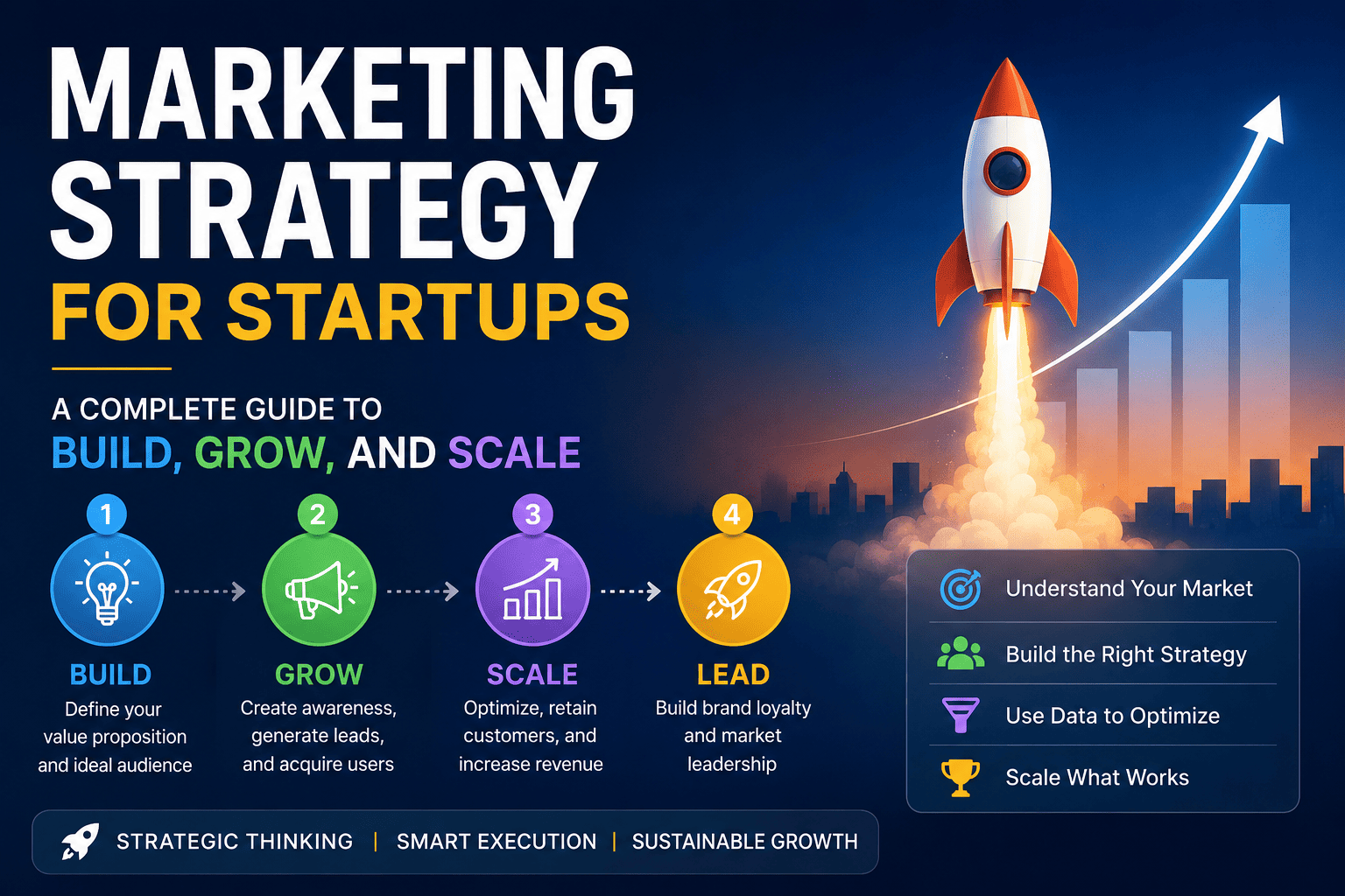 Marketing Strategy for Startups infographic illustrating a step-by-step growth framework to build, grow, scale, and lead a successful startup using strategic marketing and data-driven decisions.