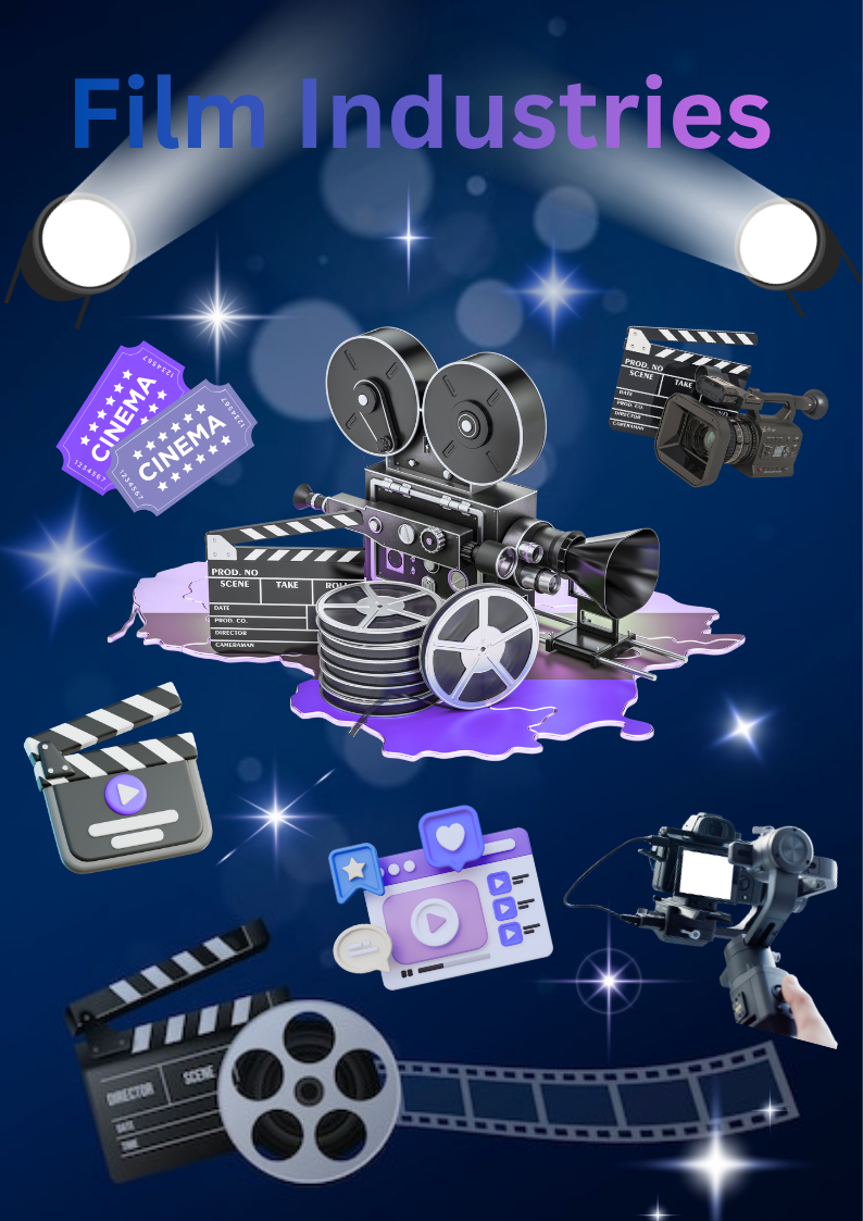 A colorful poster titled "Film Industries" featuring classic and modern filmmaking elements, including a vintage film camera, film reels, clapperboards, cinema tickets, a professional video camera, a camera on a gimbal, a digital video player interface, spotlights, sparkles, and a filmstrip on a dark blue background.