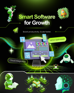 Smart software infographic showcasing AI-powered software, cloud integration, automation, user interface design, and digital technologies that boost business productivity and growth.
