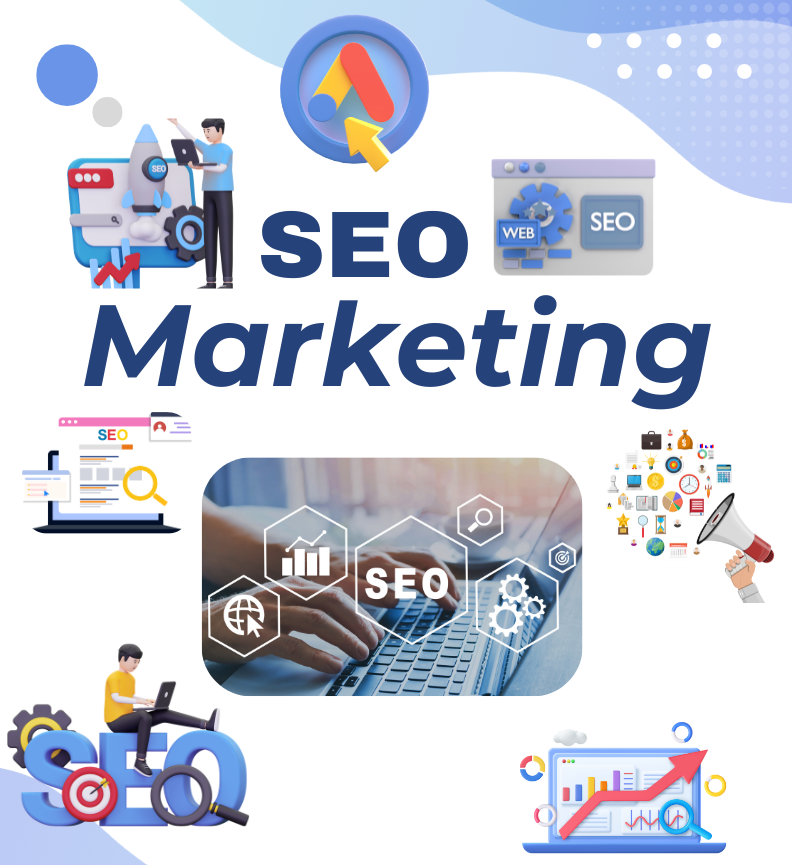 SEO Marketing infographic illustrating search engine optimization, Google Ads, keyword research, website optimization, analytics, and digital marketing strategies for improving website rankings.