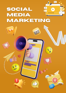 Social media marketing illustration featuring a smartphone, social media icons, engagement notifications, digital advertising, and content promotion for online business growth.