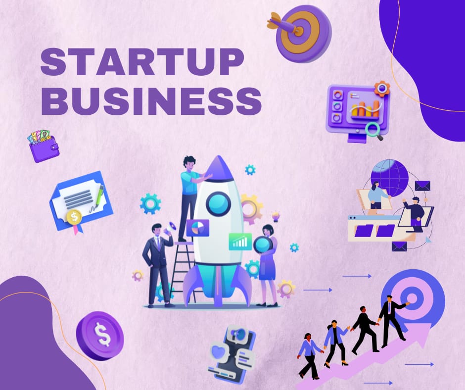 Startup business illustration featuring entrepreneurs launching a new business, rocket startup concept, business planning, funding, growth strategy, and digital entrepreneurship.
