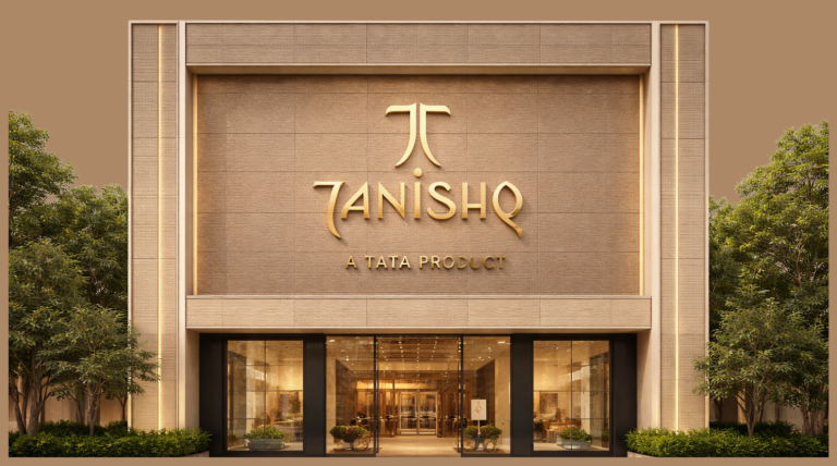 Tanishq jewelry showroom exterior featuring the premium retail store entrance and Tanishq branding, a Tata product known for fine gold, diamond, and gemstone jewelry.