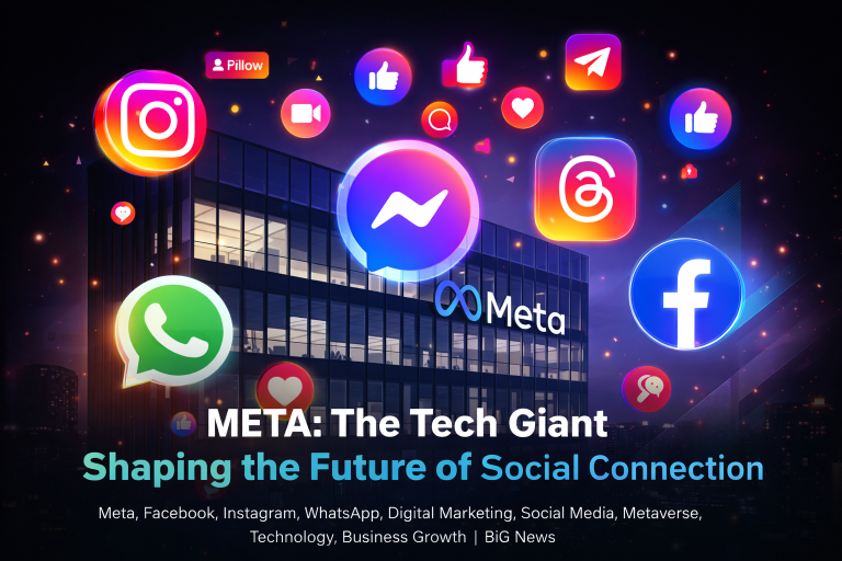 Meta infographic showcasing Facebook, Instagram, WhatsApp, Messenger, Threads, and Meta platforms, highlighting the company's role in social media, digital communication, and the future of technology.