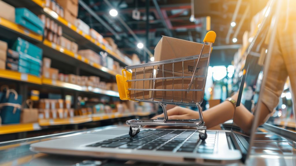 Online shopping concept featuring a shopping cart on a laptop with warehouse shelves in the background, representing e-commerce, online retail, and digital shopping.