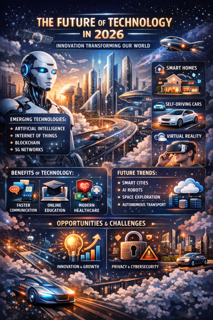 An infographic titled "The Future of Technology in 2026" featuring a futuristic cityscape, a humanoid AI robot, autonomous vehicles, smart homes, virtual reality, and space technology. It highlights emerging technologies, benefits, future trends, and challenges such as artificial intelligence, IoT, blockchain, 5G, smart cities, cybersecurity, and innovation.