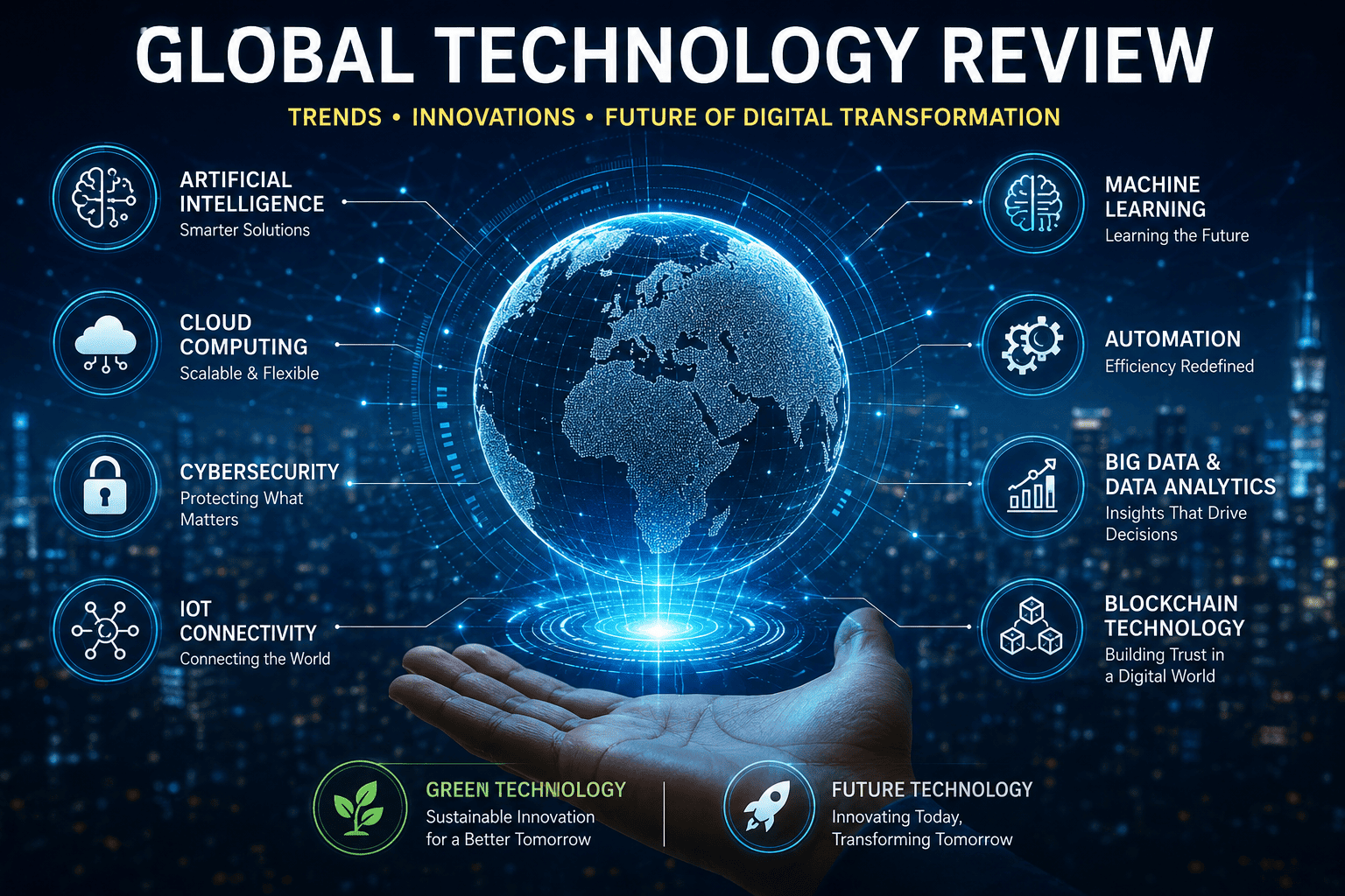 A futuristic digital globe surrounded by AI, cloud computing, cybersecurity, blockchain, machine learning, automation, big data, IoT, green technology, and future technology icons representing global technology trends.