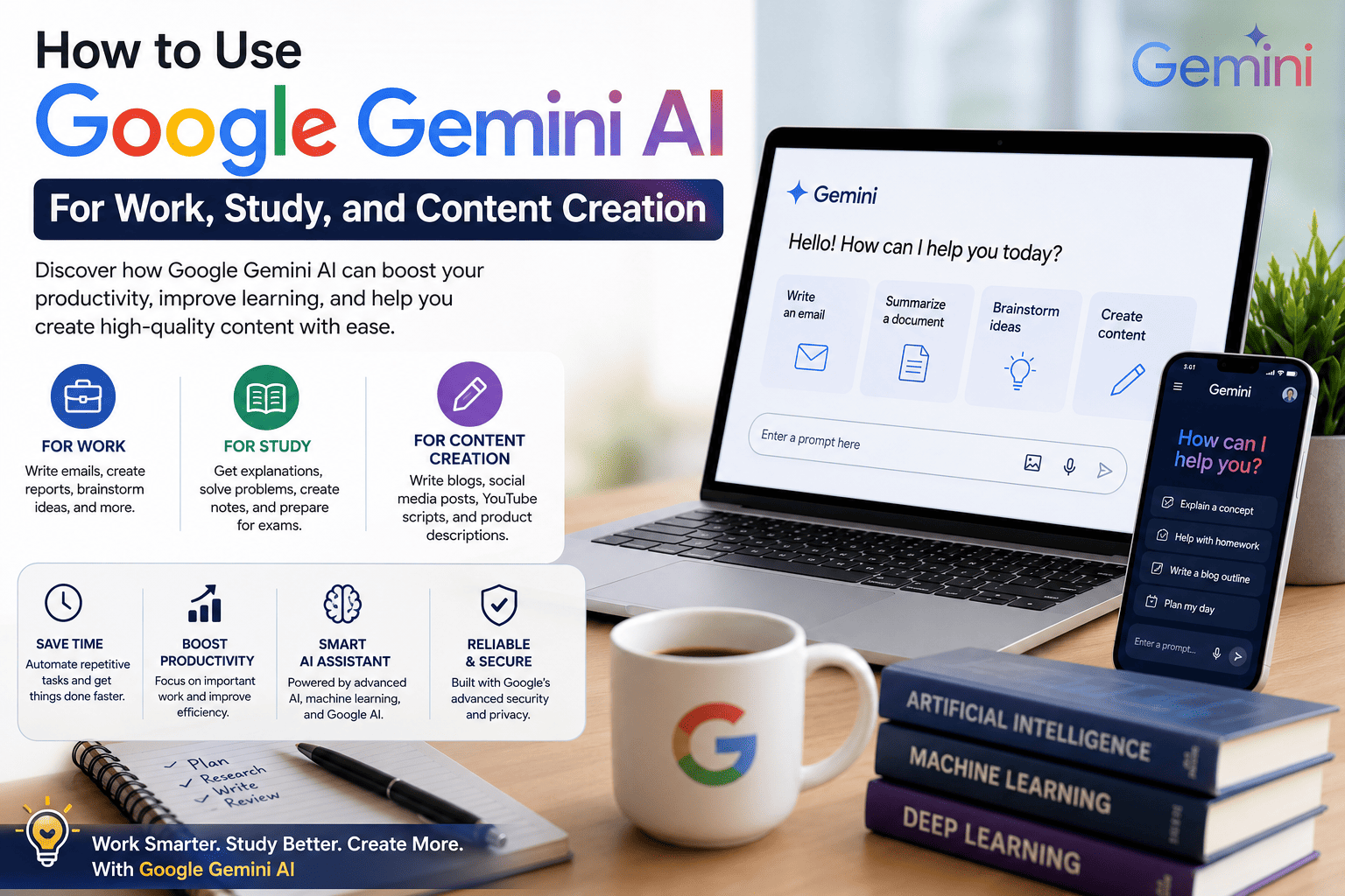 How to Use Google Gemini AI for work, study, and content creation with AI assistant features for productivity, learning, and writing.