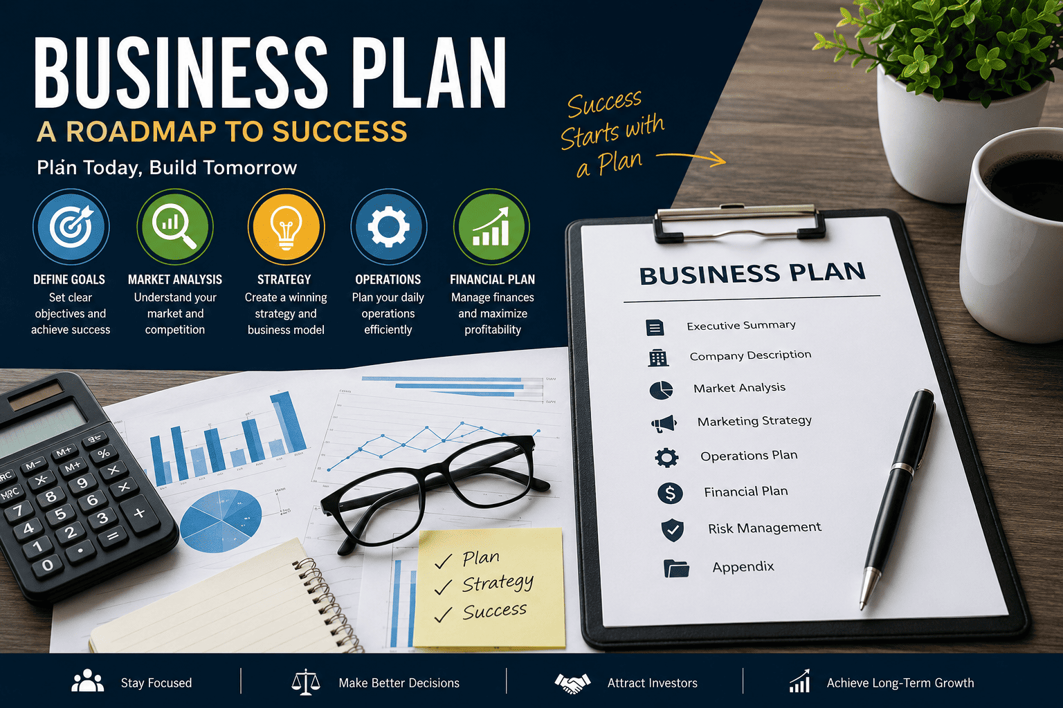 Business plan infographic featuring executive summary, market analysis, marketing strategy, financial planning, and business growth elements on a modern office desk.