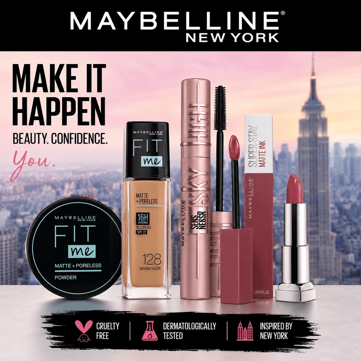 Maybelline New York makeup products including Fit Me Foundation, Sky High Mascara, Super Stay Matte Ink Lipstick, and compact powder displayed with the Maybelline logo on a modern beauty-themed background.