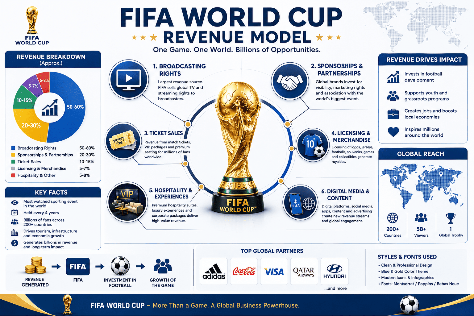 FIFA World Cup Revenue Model infographic illustrating broadcasting rights, sponsorships, ticket sales, licensing, hospitality, digital media, global partners, and worldwide football revenue generation.