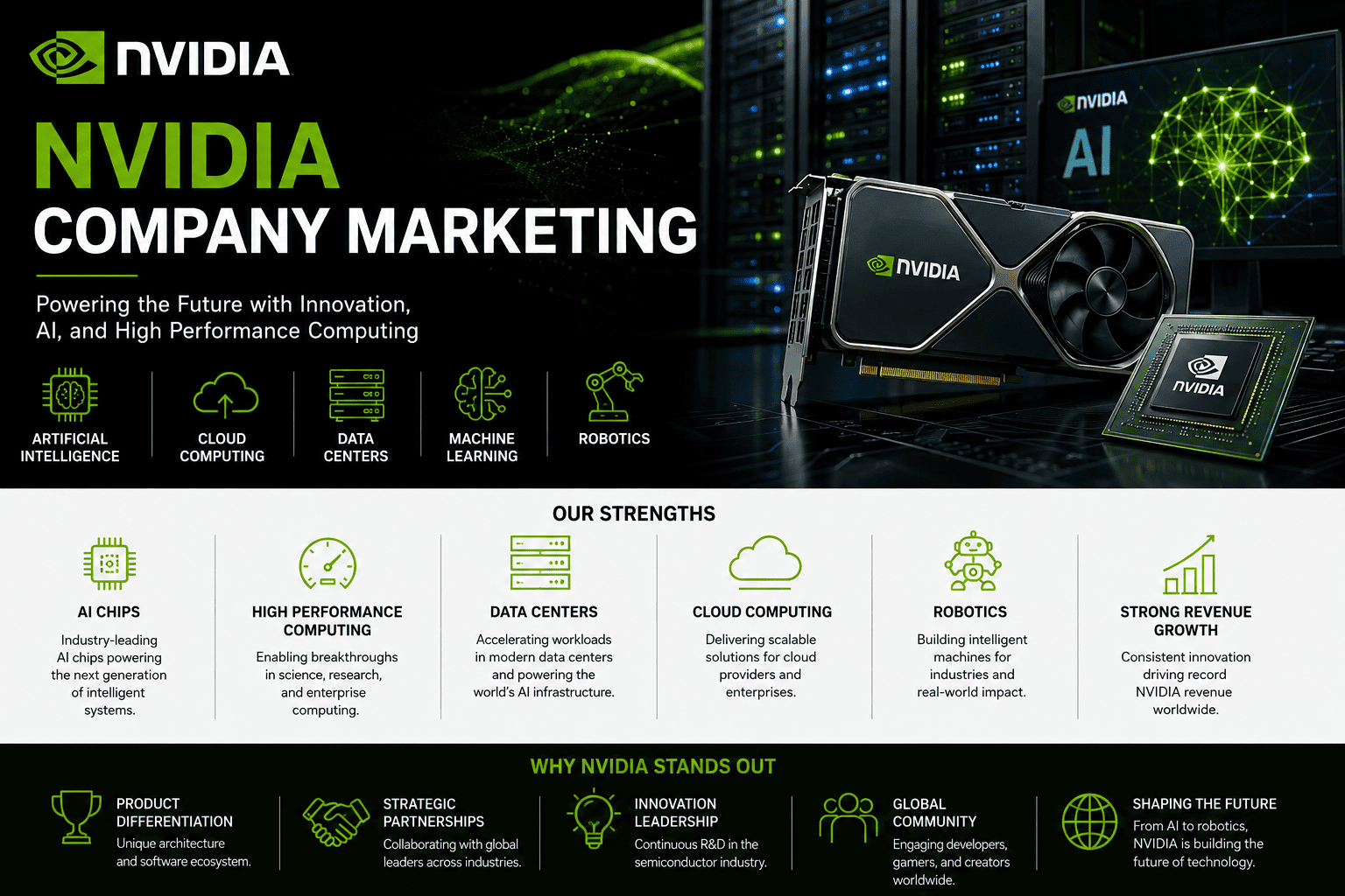 NVIDIA Company Marketing banner showcasing AI chips, cloud computing, data centers, machine learning, robotics, high-performance computing, and innovation in artificial intelligence.