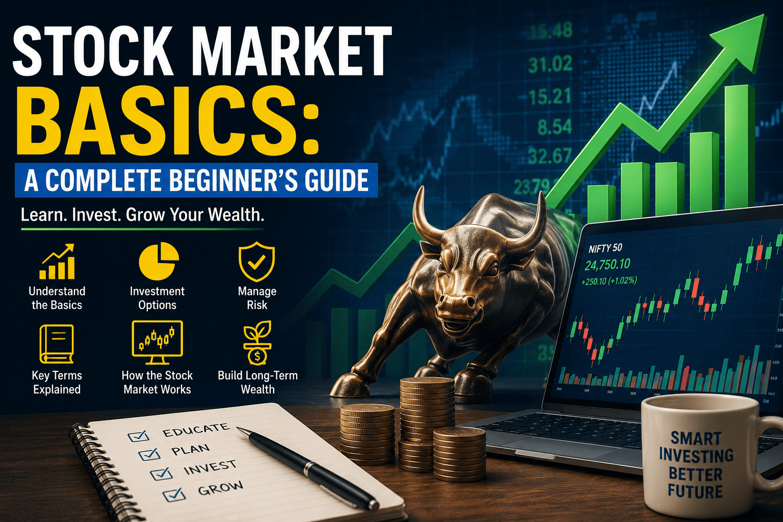 Stock Market Basics infographic featuring a bullish market chart, bronze bull statue, laptop displaying stock trading data, investment icons, and educational content for beginner investors.