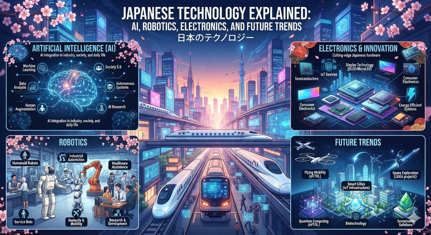Japanese technology infographic showing artificial intelligence (AI), robotics, consumer electronics, semiconductor innovation, Shinkansen bullet trains, smart cities, quantum computing, biotechnology, and future technology trends.